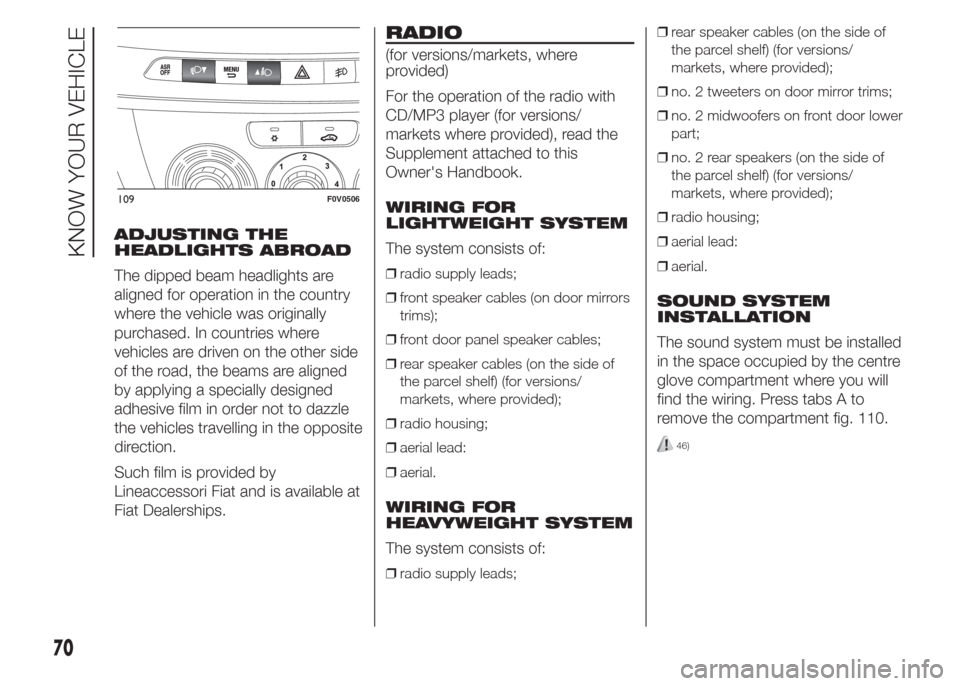 FIAT DOBLO PANORAMA 2015 2.G Owners Manual ADJUSTING THE
HEADLIGHTS ABROAD
The dipped beam headlights are
aligned for operation in the country
where the vehicle was originally
purchased. In countries where
vehicles are driven on the other side