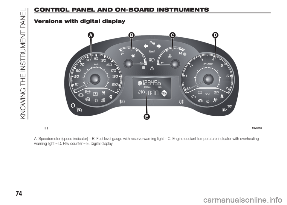 FIAT DOBLO PANORAMA 2015 2.G Owners Manual CONTROL PANEL AND ON-BOARD INSTRUMENTS.
Versions with digital display
A. Speedometer (speed indicator) – B. Fuel level gauge with reserve warning light – C. Engine coolant temperature indicator wi