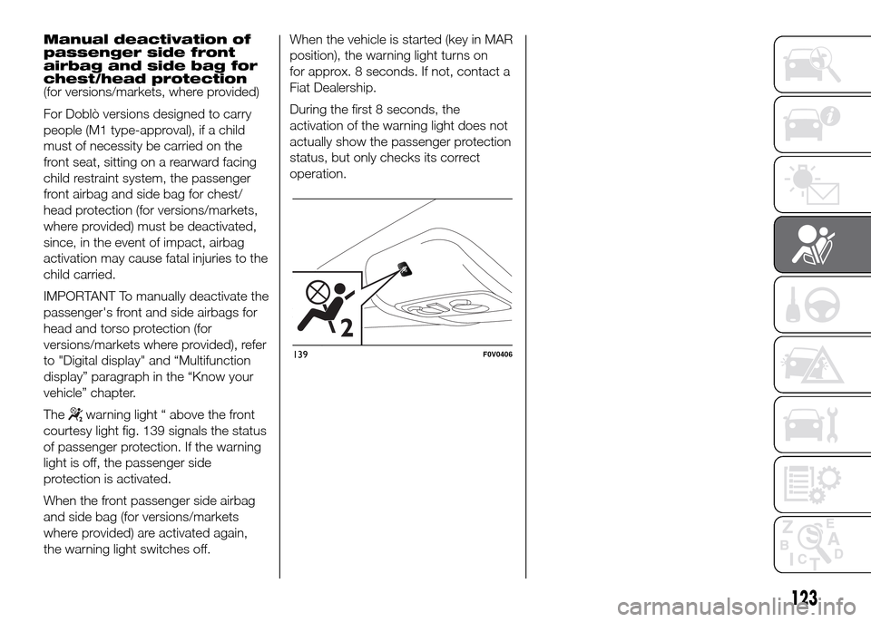 FIAT DOBLO PANORAMA 2016 2.G Owners Manual Manual deactivation of
passenger side front
airbag and side bag for
chest/head protection
(for versions/markets, where provided)
For Doblò versions designed to carry
people (M1 type-approval), if a c FIAT DOBLO PANORAMA 2016 2.G Owners Manual Manual deactivation of
passenger side front
airbag and side bag for
chest/head protection
(for versions/markets, where provided)
For Doblò versions designed to carry
people (M1 type-approval), if a c