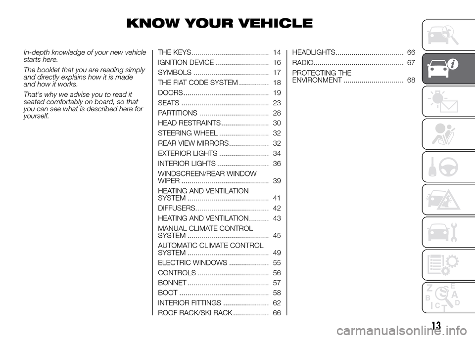 FIAT DOBLO PANORAMA 2016 2.G Owners Manual KNOW YOUR VEHICLE
In-depth knowledge of your new vehicle
starts here.
The booklet that you are reading simply
and directly explains how it is made
and how it works.
That’s why we advise you to read 