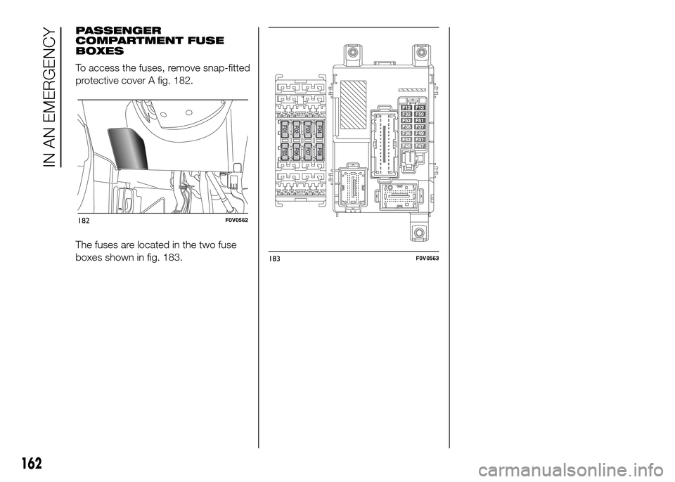 FIAT DOBLO PANORAMA 2016 2.G User Guide PASSENGER
COMPARTMENT FUSE
BOXES
To access the fuses, remove snap-fitted
protective cover A fig. 182.
The fuses are located in the two fuse
boxes shown in fig. 183.
182F0V0562
183F0V0563
162
IN AN EME