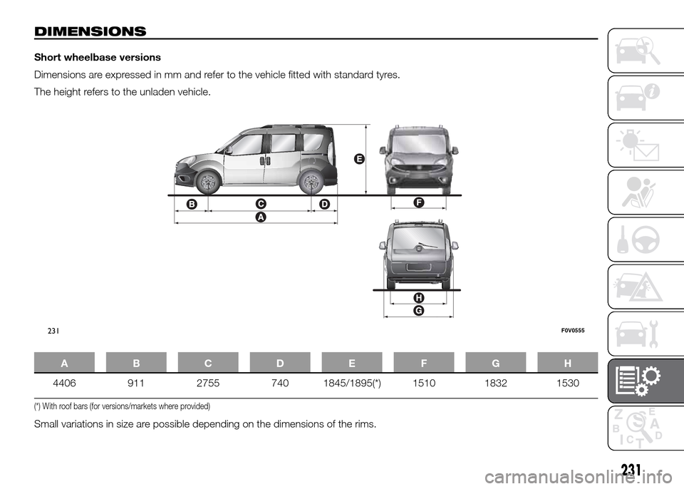 FIAT DOBLO PANORAMA 2016 2.G Owners Manual DIMENSIONS
Short wheelbase versions
Dimensions are expressed in mm and refer to the vehicle fitted with standard tyres.
The height refers to the unladen vehicle.
ABCDE FGH
4406 911 2755 740 1845/1895(