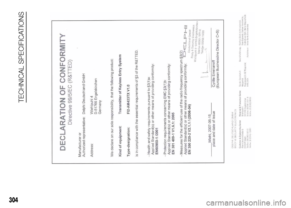 FIAT DOBLO PANORAMA 2016 2.G Owners Manual 304
TECHNICAL SPECIFICATIONS 