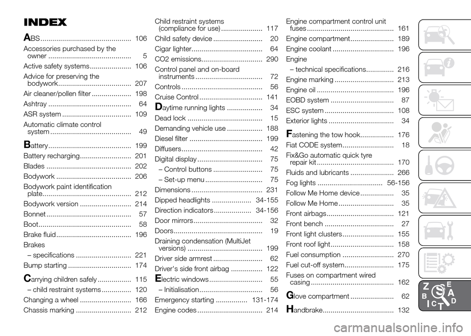 FIAT DOBLO PANORAMA 2016 2.G Owners Manual INDEX
A
BS .............................................. 106
Accessories purchased by the
owner .......................................... 5
Active safety systems ..................... 106
Advice for