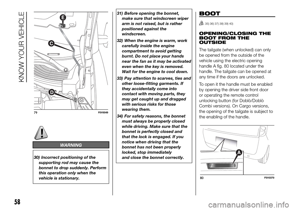 FIAT DOBLO PANORAMA 2016 2.G Repair Manual WARNING
30) Incorrect positioning of the
supporting rod may cause the
bonnet to drop suddenly. Perform
this operation only when the
vehicle is stationary.31) Before opening the bonnet,
make sure that FIAT DOBLO PANORAMA 2016 2.G Repair Manual WARNING
30) Incorrect positioning of the
supporting rod may cause the
bonnet to drop suddenly. Perform
this operation only when the
vehicle is stationary.31) Before opening the bonnet,
make sure that