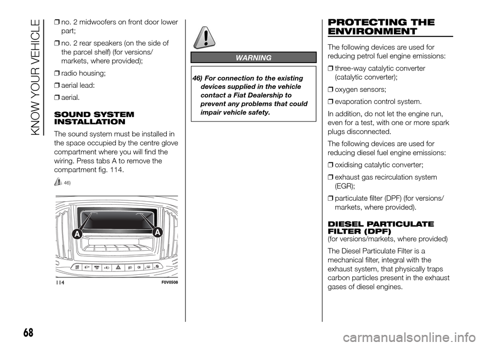 FIAT DOBLO PANORAMA 2016 2.G Owners Manual ❒no. 2 midwoofers on front door lower
part;
❒no. 2 rear speakers (on the side of
the parcel shelf) (for versions/
markets, where provided);
❒radio housing;
❒aerial lead:
❒aerial.
SOUND SYSTE