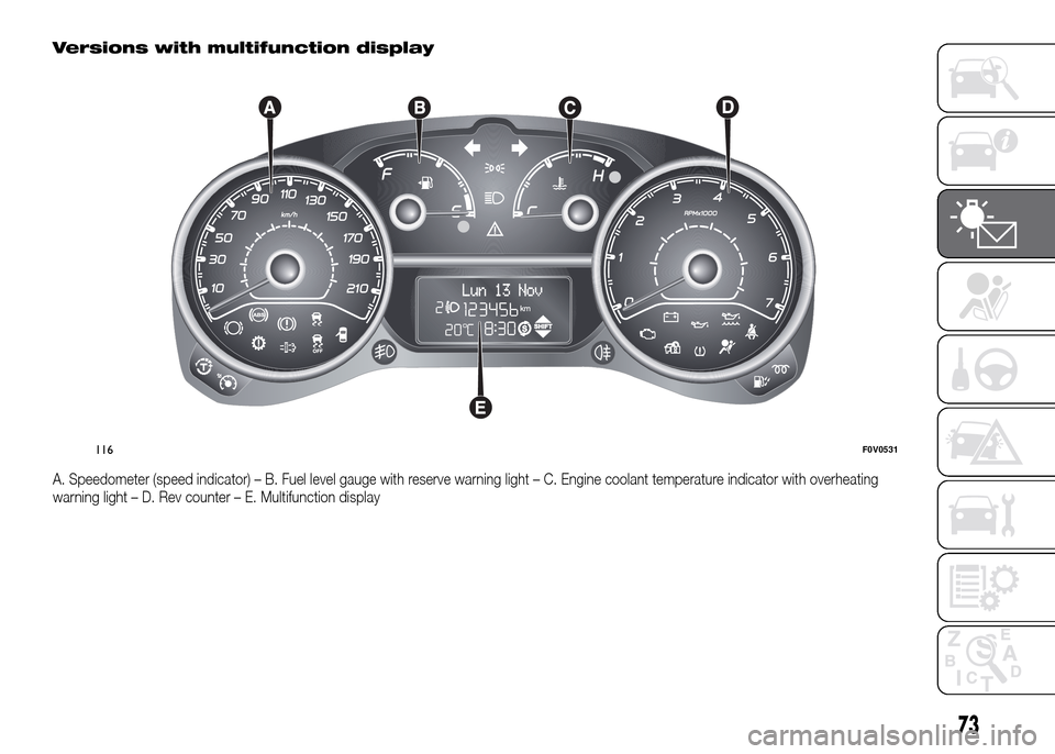 FIAT DOBLO PANORAMA 2016 2.G User Guide Versions with multifunction display
A. Speedometer (speed indicator) – B. Fuel level gauge with reserve warning light – C. Engine coolant temperature indicator with overheating
warning light – D