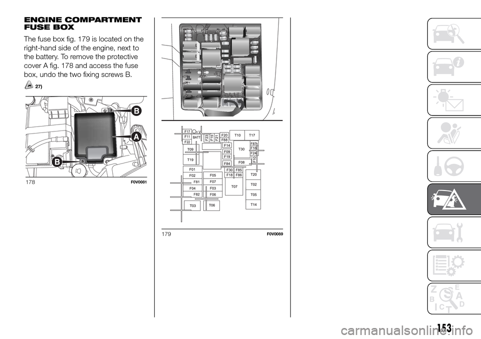 FIAT DOBLO PANORAMA 2017 2.G Owners Manual ENGINE COMPARTMENT
FUSE BOX
The fuse box fig. 179 is located on the
right-hand side of the engine, next to
the battery. To remove the protective
cover A fig. 178 and access the fuse
box, undo the two FIAT DOBLO PANORAMA 2017 2.G Owners Manual ENGINE COMPARTMENT
FUSE BOX
The fuse box fig. 179 is located on the
right-hand side of the engine, next to
the battery. To remove the protective
cover A fig. 178 and access the fuse
box, undo the two