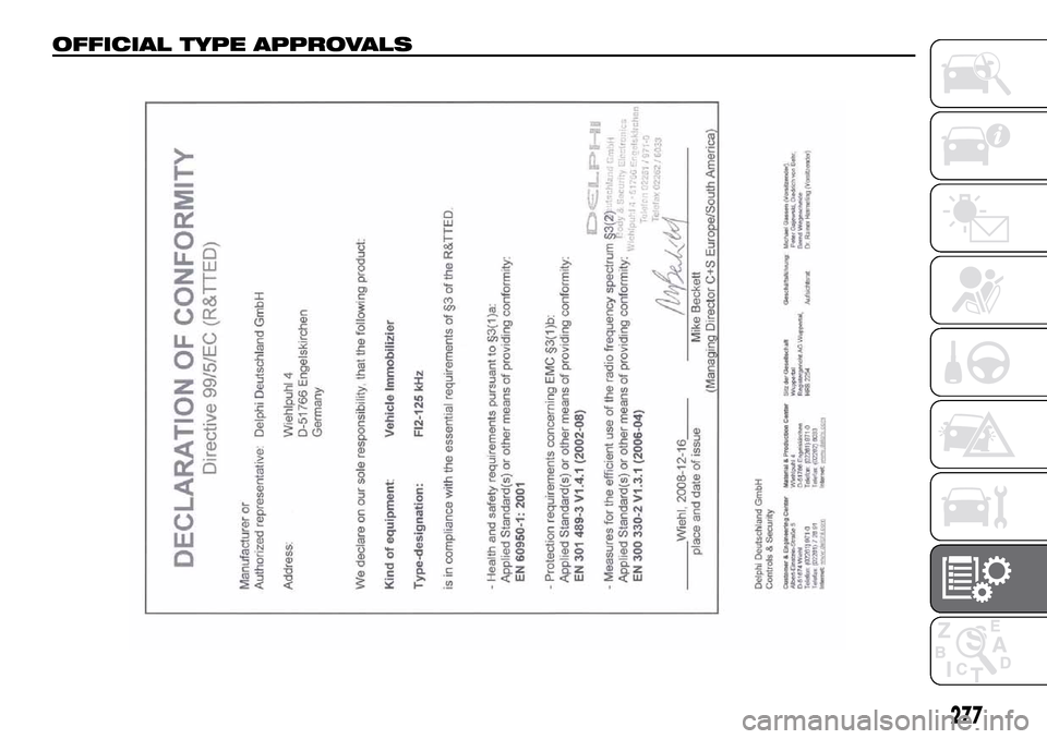 FIAT DOBLO PANORAMA 2017 2.G Owners Manual OFFICIAL TYPE APPROVALS
277 