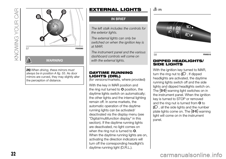 FIAT DOBLO PANORAMA 2017 2.G Owners Manual WARNING
26)When driving, these mirrors must
always be in position A fig. 55. As door
mirrors are curved, they may slightly alter
the perception of distance.
EXTERNAL LIGHTS
IN BRIEF
The left stalk inc