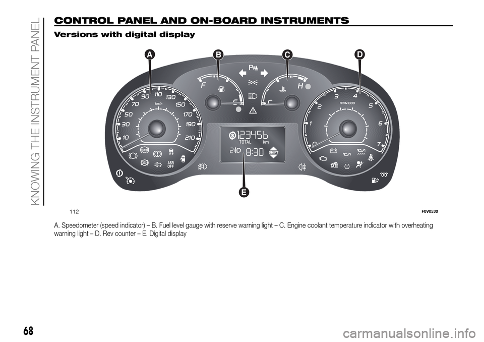 FIAT DOBLO PANORAMA 2017 2.G Manual PDF CONTROL PANEL AND ON-BOARD INSTRUMENTS.
Versions with digital display
A. Speedometer (speed indicator) – B. Fuel level gauge with reserve warning light – C. Engine coolant temperature indicator wi FIAT DOBLO PANORAMA 2017 2.G Manual PDF CONTROL PANEL AND ON-BOARD INSTRUMENTS.
Versions with digital display
A. Speedometer (speed indicator) – B. Fuel level gauge with reserve warning light – C. Engine coolant temperature indicator wi