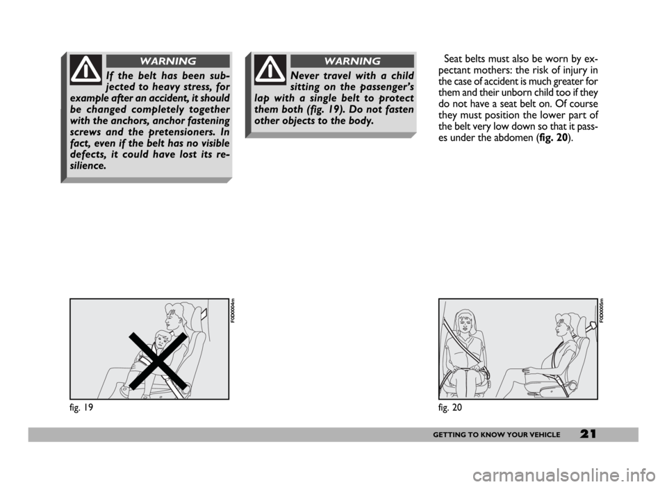 FIAT DUCATO 2006 3.G Owners Manual 21GETTING TO KNOW YOUR VEHICLE
Seat belts must also be worn by ex-
pectant mothers: the risk of injury in
the case of accident is much greater for
them and their unborn child too if they
do not have a