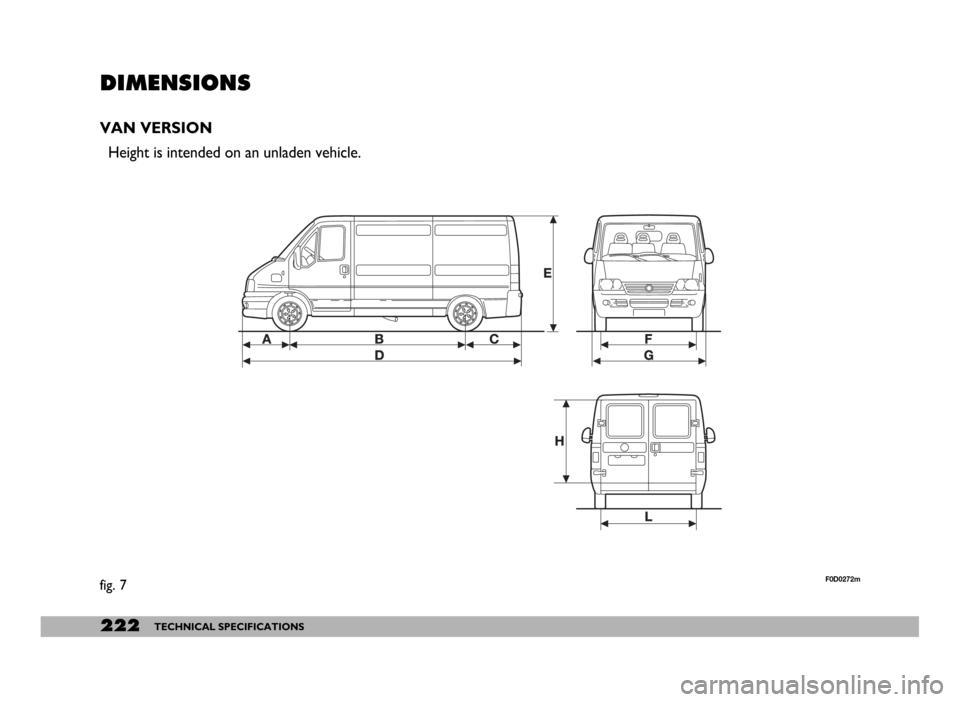 FIAT DUCATO 2006 3.G Owners Manual 222TECHNICAL SPECIFICATIONS
DIMENSIONS
VAN VERSION
Height is intended on an unladen vehicle.
fig. 7F0D0272m 