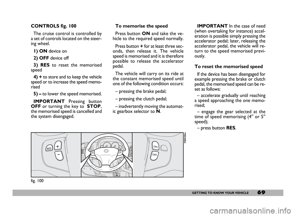 FIAT DUCATO 2006 3.G Owners Manual 69GETTING TO KNOW YOUR VEHICLE
CONTROLS fig. 100
The cruise control is controlled by
a set of controls located on the steer-
ing wheel.
1) ONdevice on 
2) OFFdevice off
3) RESto reset the memorised
sp