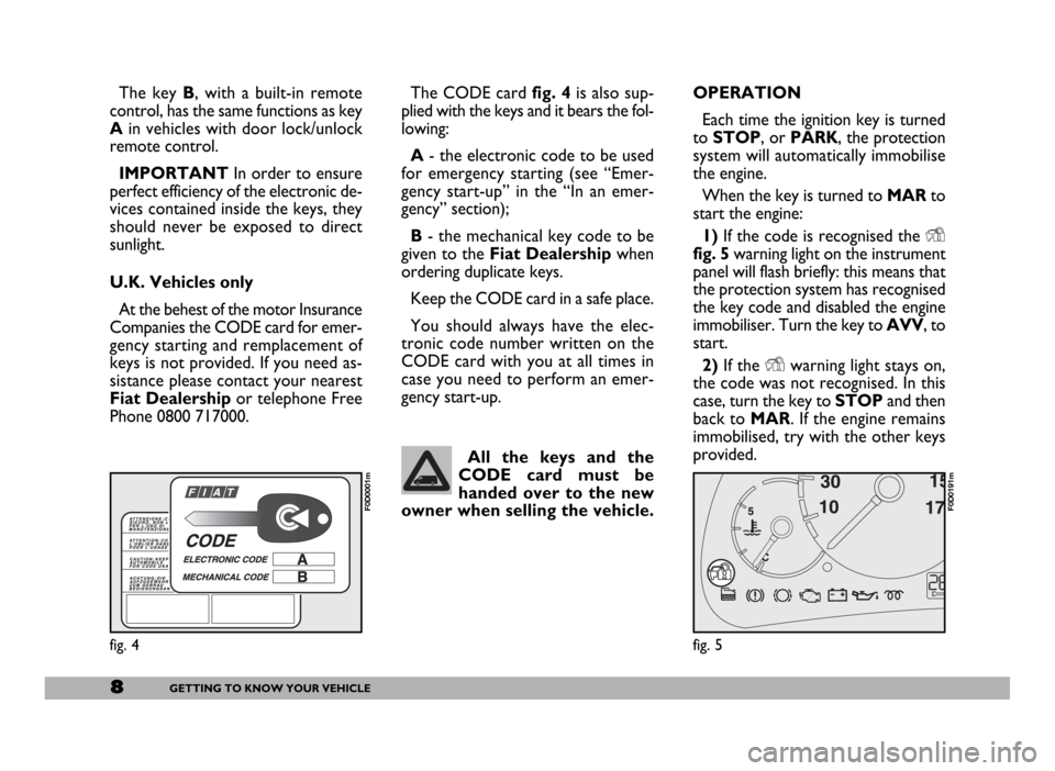 FIAT DUCATO 2006 3.G Owners Manual The CODE card fig. 4is also sup-
plied with the keys and it bears the fol-
lowing:
A- the electronic code to be used
for emergency starting (see “Emer-
gency start-up” in the “In an emer-
gency�