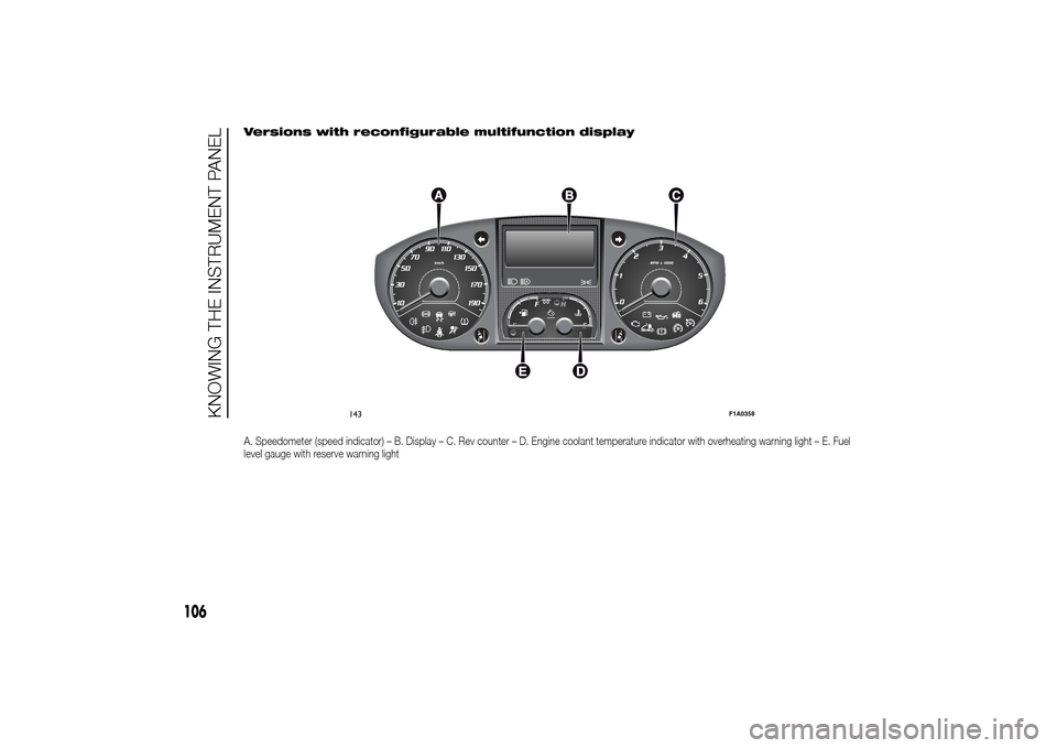 FIAT DUCATO 2014 3.G Service Manual Versions with reconfigurable multifunction displayA. Speedometer (speed indicator) – B. Display – C. Rev counter – D. Engine coolant temperature indicator with overheating warning light – E. F