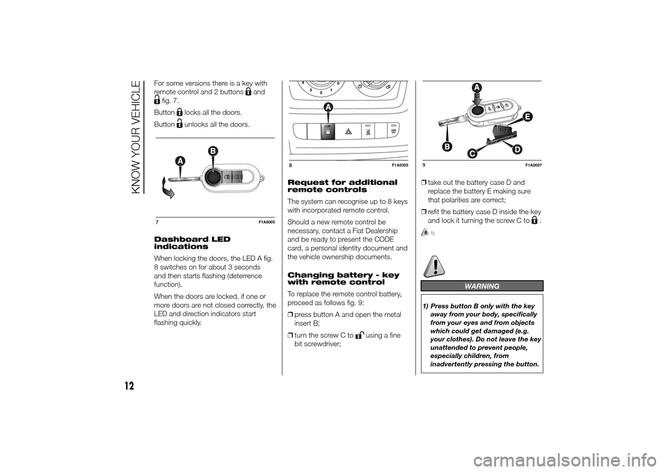 FIAT DUCATO 2014 3.G Owners Manual For some versions there is a key with
remote control and 2 buttons
and
fig. 7.
Button
locks all the doors.
Buttonunlocks all the doors.
Dashboard LED
indications
When locking the doors, the LED A fig.