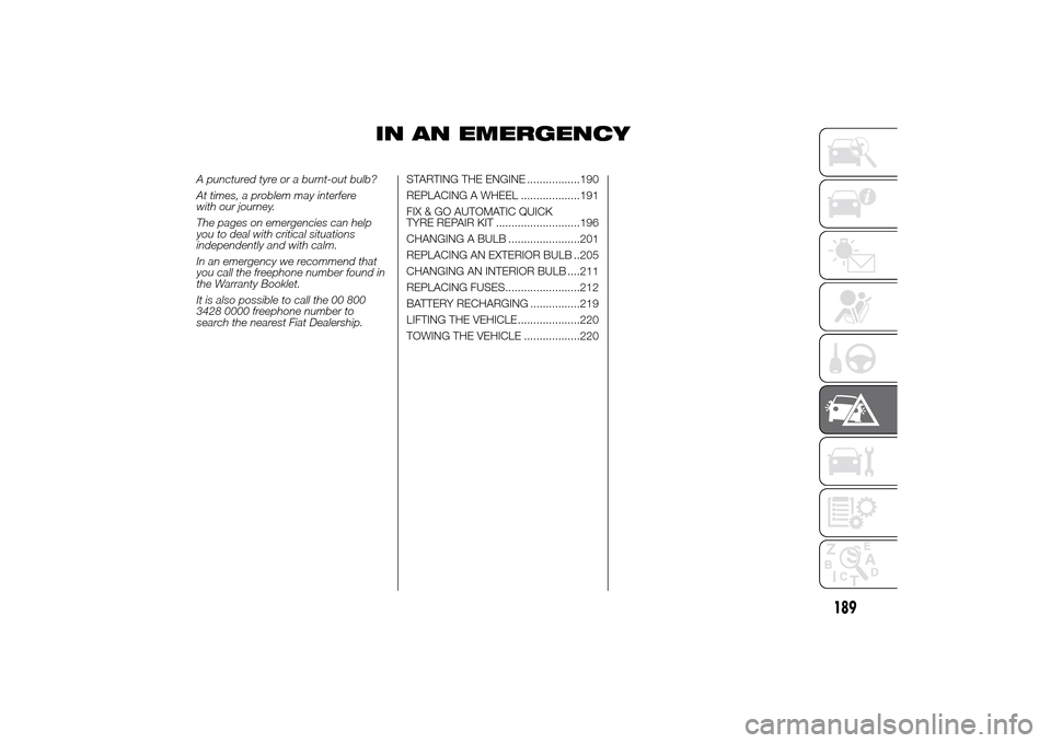 FIAT DUCATO 2014 3.G Owners Manual IN AN EMERGENCY
A punctured tyre or a burnt-out bulb?
At times, a problem may interfere
with our journey.
The pages on emergencies can help
you to deal with critical situations
independently and with 