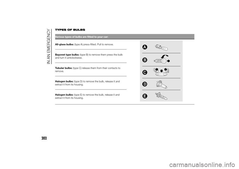 FIAT DUCATO 2014 3.G Owners Manual TYPES OF BULBSVarious types of bulbs are fitted to your car:All-glass bulbs:(type A) press-fitted. Pull to remove.Bayonet type bulbs:(type B) to remove them press the bulb
and turn it anticlockwise.
T