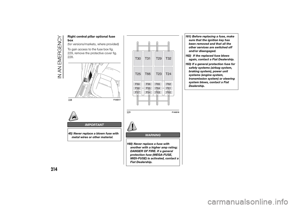 FIAT DUCATO 2014 3.G Owners Manual Right central pillar optional fuse
box
(for versions/markets, where provided)
To gain access to the fuse box fig.
229, remove the protective cover fig.
228.
IMPORTANT
45) Never replace a blown fuse wi