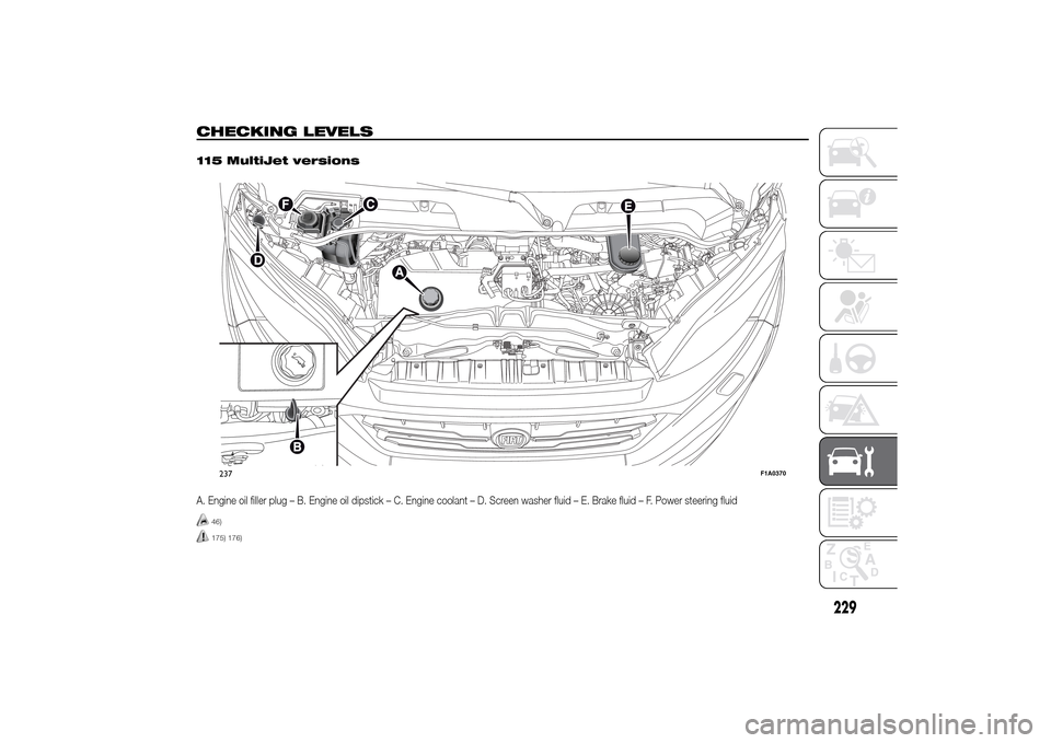 FIAT DUCATO 2014 3.G Owners Manual CHECKING LEVELS
.
115 MultiJet versionsA. Engine oil filler plug – B. Engine oil dipstick – C. Engine coolant – D. Screen washer fluid – E. Brake fluid – F. Power steering fluid
46)175) 176)