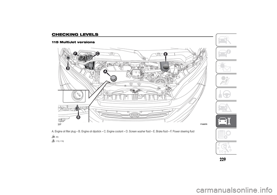 FIAT DUCATO 2014 3.G Owners Manual CHECKING LEVELS
.
115 MultiJet versionsA. Engine oil filler plug – B. Engine oil dipstick – C. Engine coolant – D. Screen washer fluid – E. Brake fluid – F. Power steering fluid
46)175) 176) FIAT DUCATO 2014 3.G Owners Manual CHECKING LEVELS
.
115 MultiJet versionsA. Engine oil filler plug – B. Engine oil dipstick – C. Engine coolant – D. Screen washer fluid – E. Brake fluid – F. Power steering fluid
46)175) 176)