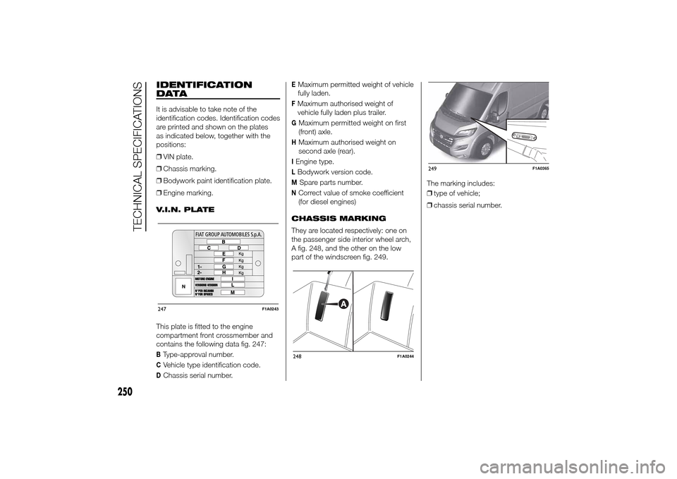 FIAT DUCATO 2014 3.G Owners Manual IDENTIFICATION
DATAIt is advisable to take note of the
identification codes. Identification codes
are printed and shown on the plates
as indicated below, together with the
positions:
❒VIN plate.
❒