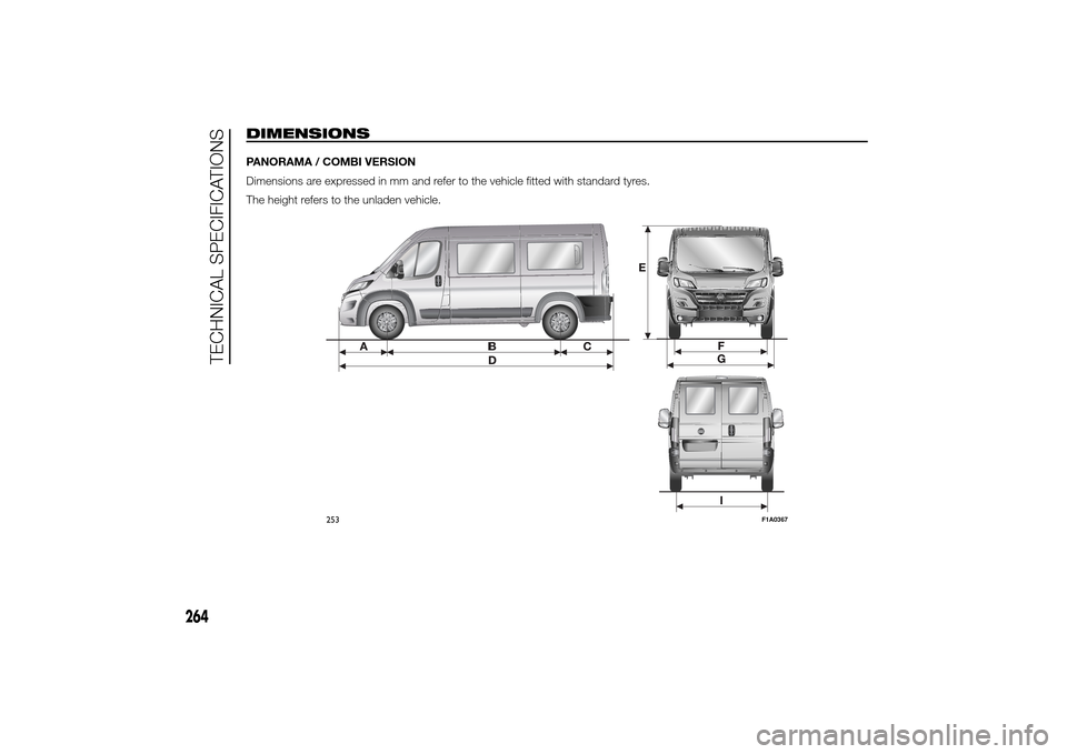 FIAT DUCATO 2014 3.G Owners Manual DIMENSIONSP
Dimensions
The
253
F1A0367
264
TECHNICAL 