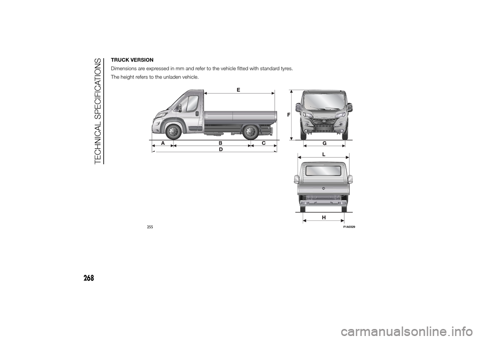 FIAT DUCATO 2014 3.G Owners Manual TRUCK VERSION
Dimensions are expressed in mm and refer to the vehicle fitted with standard tyres.
The height refers to the unladen vehicle.
255
F1A0329
268
TECHNICAL SPECIFICATIONS 