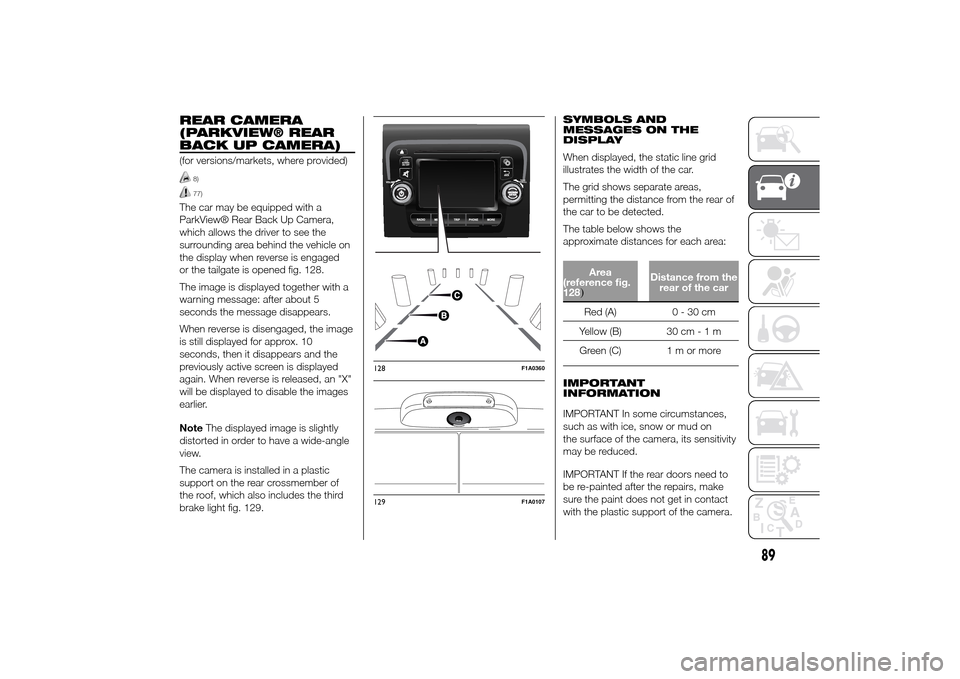 FIAT DUCATO 2014 3.G Owners Manual REAR CAMERA
(PARKVIEW® REAR
BACK UP CAMERA)(for versions/markets, where provided)
8)77)
The car may be equipped with a
ParkView® Rear Back Up Camera,
which allows the driver to see the
surrounding a
