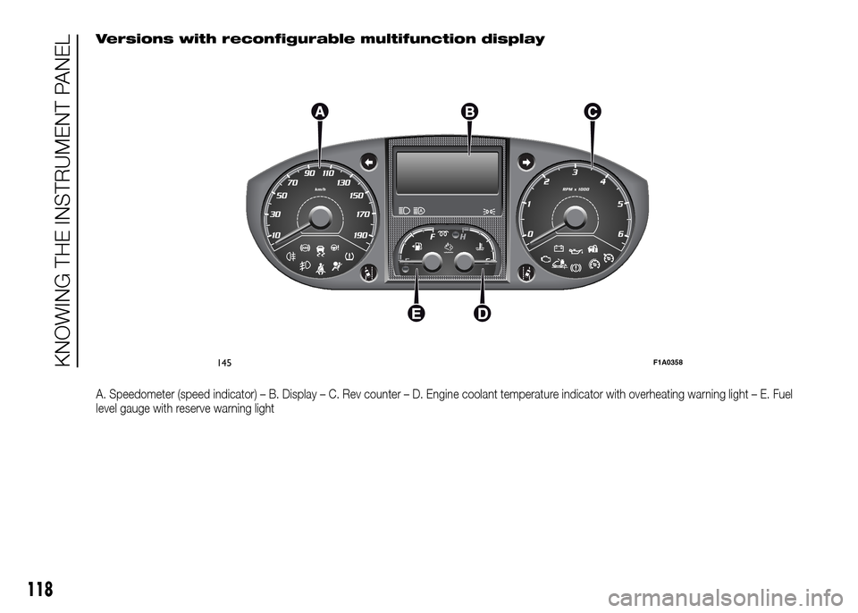 FIAT DUCATO 2015 3.G Owners Manual Versions with reconfigurable multifunction display
A. Speedometer (speed indicator) – B. Display – C. Rev counter – D. Engine coolant temperature indicator with overheating warning light – E. 