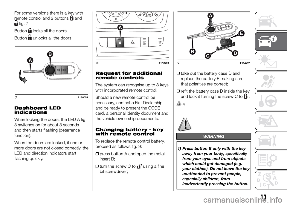 FIAT DUCATO 2015 3.G Owners Manual For some versions there is a key with
remote control and 2 buttons
and
fig. 7.
Button
locks all the doors.
Button
unlocks all the doors.
Dashboard LED
indications
When locking the doors, the LED A fig