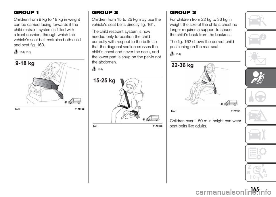 FIAT DUCATO 2015 3.G Owners Manual GROUP 1
Children from 9 kg to 18 kg in weight
can be carried facing forwards if the
child restraint system is fitted with
a front cushion, through which the
vehicles seat belt restrains both child
an