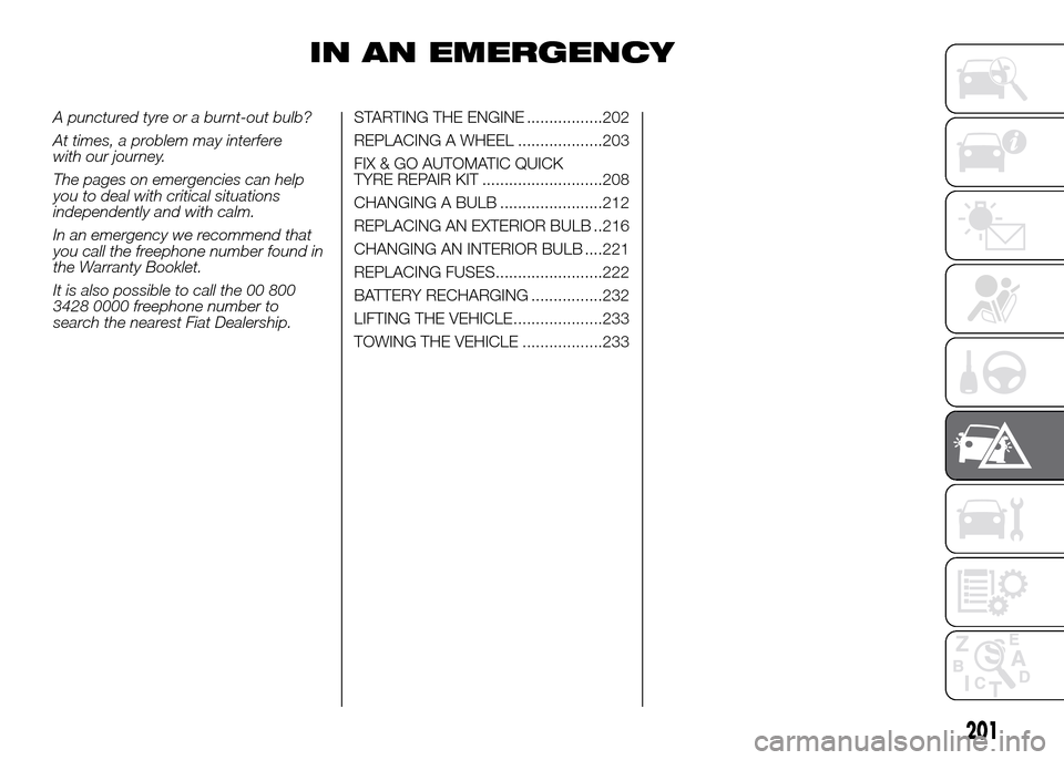 FIAT DUCATO 2015 3.G Owners Manual IN AN EMERGENCY
A punctured tyre or a burnt-out bulb?
At times, a problem may interfere
with our journey.
The pages on emergencies can help
you to deal with critical situations
independently and with 