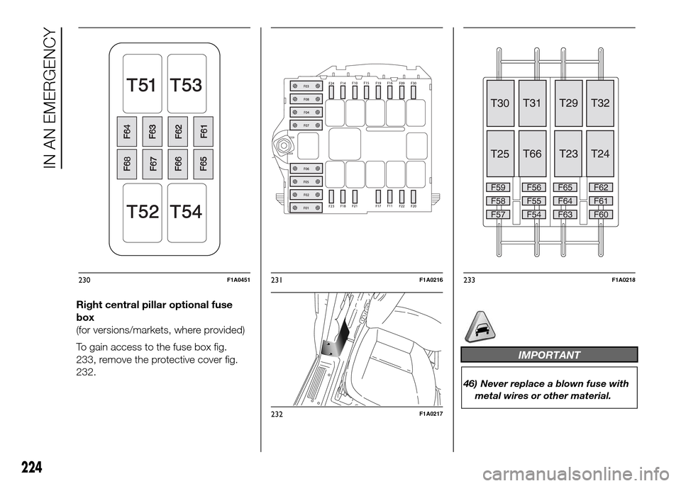 FIAT DUCATO 2015 3.G Owners Manual Right central pillar optional fuse
box
(for versions/markets, where provided)
To gain access to the fuse box fig.
233, remove the protective cover fig.
232.
IMPORTANT
46) Never replace a blown fuse wi