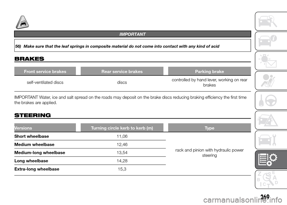 FIAT DUCATO 2015 3.G Owners Manual IMPORTANT
56) Make sure that the leaf springs in composite material do not come into contact with any kind of acid
BRAKES
Front service brakes Rear service brakes Parking brake
self-ventilated discs d