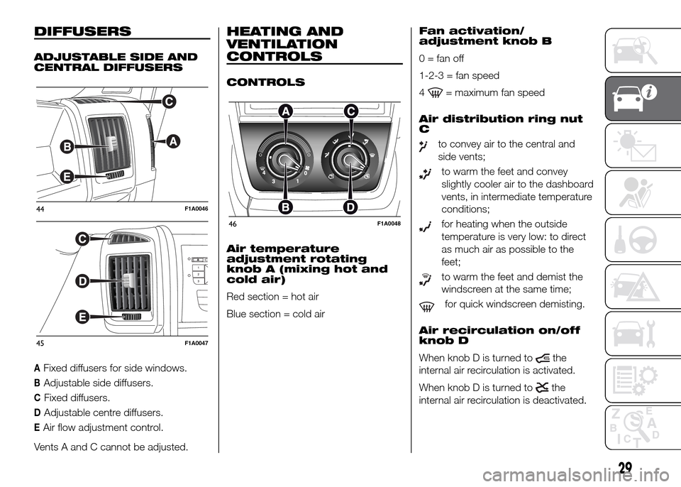 FIAT DUCATO 2015 3.G Owners Manual DIFFUSERS
ADJUSTABLE SIDE AND
CENTRAL DIFFUSERS
AFixed diffusers for side windows.
BAdjustable side diffusers.
CFixed diffusers.
DAdjustable centre diffusers.
EAir flow adjustment control.
Vents A and