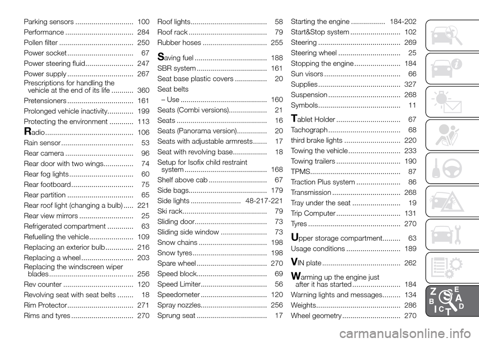 FIAT DUCATO 2015 3.G Workshop Manual Parking sensors ............................. 100
Performance .................................. 284
Pollen filter ..................................... 250
Power socket ..............................