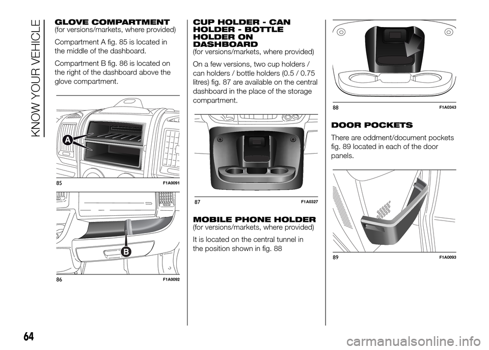 FIAT DUCATO 2015 3.G Owners Manual GLOVE COMPARTMENT
(for versions/markets, where provided)
Compartment A fig. 85 is located in
the middle of the dashboard.
Compartment B fig. 86 is located on
the right of the dashboard above the
glove