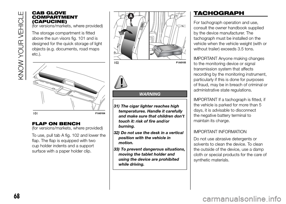 FIAT DUCATO 2015 3.G Manual PDF CAB GLOVE
COMPARTMENT
(CAPUCINE)
(for versions/markets, where provided)
The storage compartment is fitted
above the sun visors fig. 101 and is
designed for the quick storage of light
objects (e.g. doc FIAT DUCATO 2015 3.G Manual PDF CAB GLOVE
COMPARTMENT
(CAPUCINE)
(for versions/markets, where provided)
The storage compartment is fitted
above the sun visors fig. 101 and is
designed for the quick storage of light
objects (e.g. doc