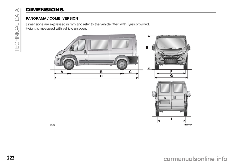 FIAT DUCATO 2016 3.G User Guide DIMENSIONS
PANORAMA
Dimensions
Height
200F1A0367
222
TECHNICAL 