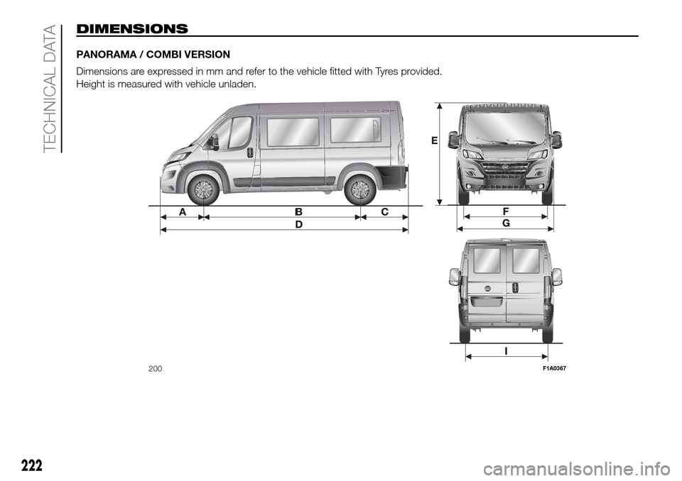 FIAT DUCATO 2016 3.G Owners Manual DIMENSIONS
PANORAMA
Dimensions
Height
200F1A0367
222
TECHNICAL 