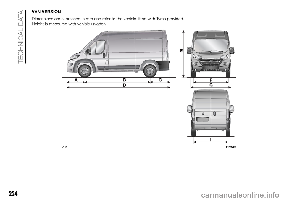 FIAT DUCATO 2016 3.G Owners Manual VAN
Dimensions
Height
201F1A0328
224
TECHNICAL 