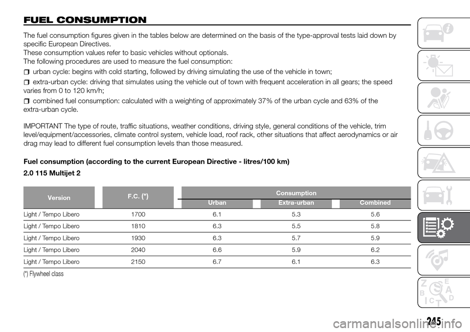 FIAT DUCATO 2016 3.G Owners Manual FUEL CONSUMPTION
The fuel consumption figures given in the tables below are determined on the basis of the type-approval tests laid down by
specific European Directives.
These consumption values refer