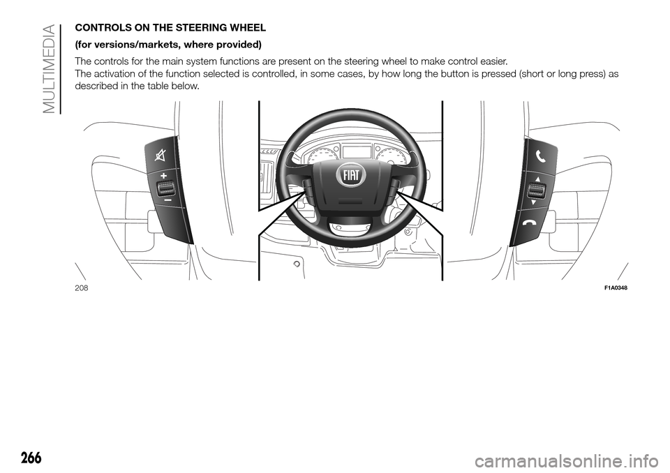 FIAT DUCATO 2016 3.G Owners Manual CONTROLS ON THE STEERING WHEEL
(for versions/markets, where provided)
The controls for the main system functions are present on the steering wheel to make control easier.
The activation of the functio FIAT DUCATO 2016 3.G Owners Manual CONTROLS ON THE STEERING WHEEL
(for versions/markets, where provided)
The controls for the main system functions are present on the steering wheel to make control easier.
The activation of the functio