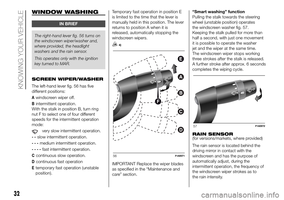 FIAT DUCATO 2016 3.G Owners Manual WINDOW WASHING
IN BRIEF
The right-hand lever fig. 56 turns on
the windscreen wiper/washer and,
where provided, the headlight
washers and the rain sensor.
This operates only with the ignition
key turne
