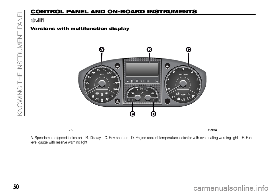 FIAT DUCATO 2016 3.G Owners Manual CONTROL PANEL AND ON-BOARD INSTRUMENTS
.
Versions with multifunction display
A. Speedometer (speed indicator) – B. Display – C. Rev counter – D. Engine coolant temperature indicator with overhea