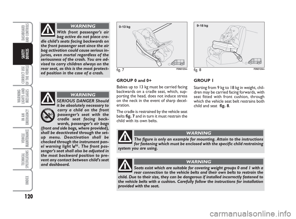 FIAT DUCATO 2009 3.G User Guide 120
CORRECT USE
OF THE 
VEHICLE
WARNING
LIGHTS AND
MESSAGES
IN AN
EMERGENCY
VEHICLE
MAINTENANCE
TECHNICAL
SPECIFICATIONS
IINDEX
DASHBOARD
AND CONTROLS
SAFETY
DEVICES
GROUP 0 and 0+
Babies up to 13 kg 