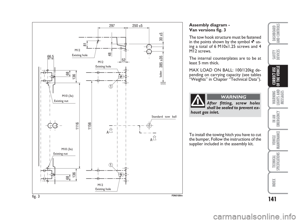 FIAT DUCATO 2009 3.G Owners Manual 141
WARNING
LIGHTS AND
MESSAGES
IN AN
EMERGENCY
VEHICLE
MAINTENANCE
TECHNICAL
SPECIFICATIONS
INDEX
DASHBOARD
AND CONTROLS
SAFETY
DEVICES
CORRECT USE 
OF THE VEHICLE
Assembly diagram - 
Van versions fi