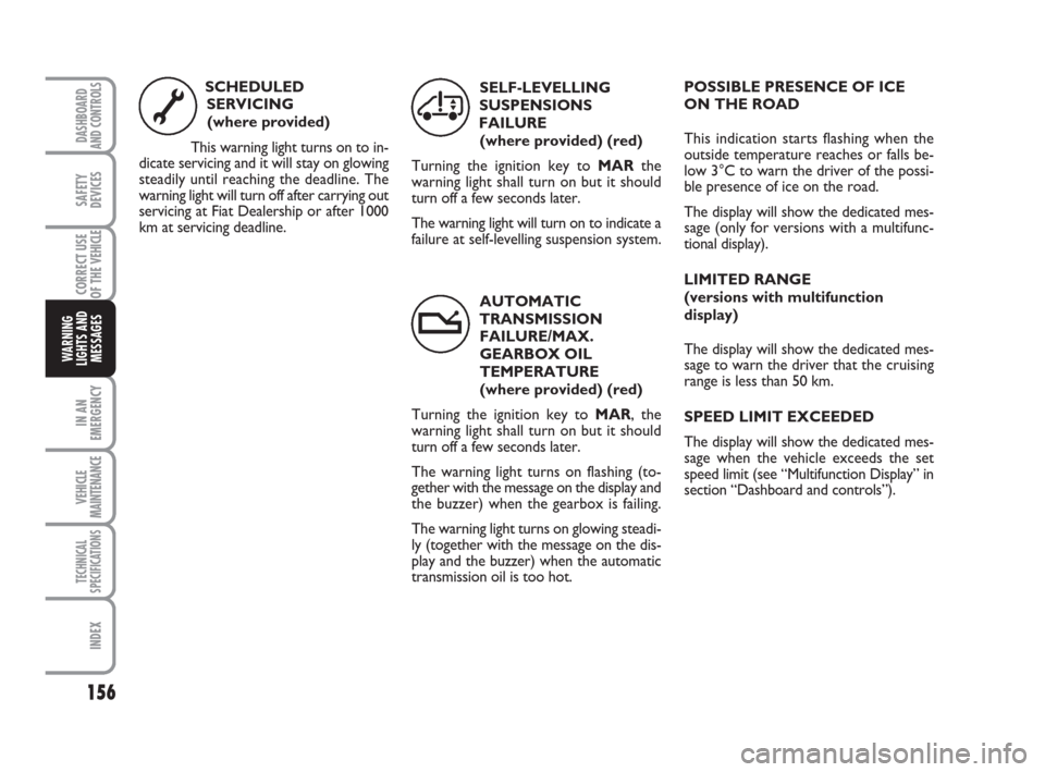FIAT DUCATO 2009 3.G Owners Manual 156
IN AN
EMERGENCY
VEHICLE
MAINTENANCE
TECHNICAL
SPECIFICATIONS
INDEX
DASHBOARD
AND CONTROLS
SAFETY
DEVICES
CORRECT USE
OF THE 
VEHICLE
WARNING
LIGHTS AND
MESSAGES
AUTOMATIC
TRANSMISSION 
FAILURE/MAX